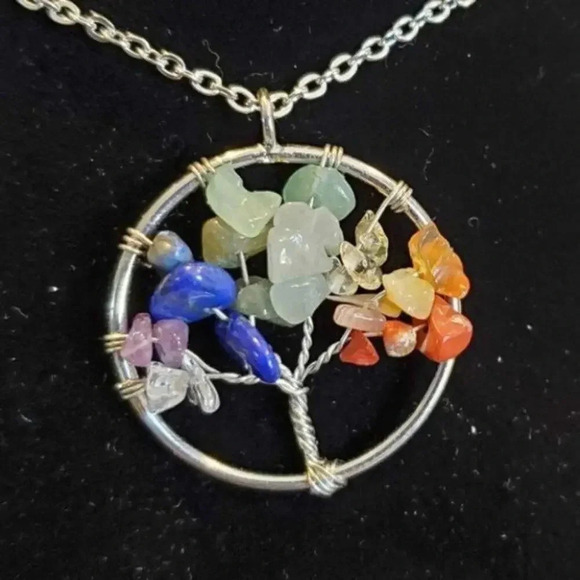 Chakra Tree of Life Necklace Wire Wrapped with Stone Chips- Silver - Picture 6 of 8